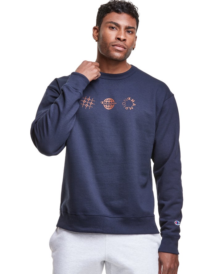 Champion Herre Sweatshirt Mørkeblå - Powerblend Fleece Crew Multi-Logos - Danmark GUR-904286